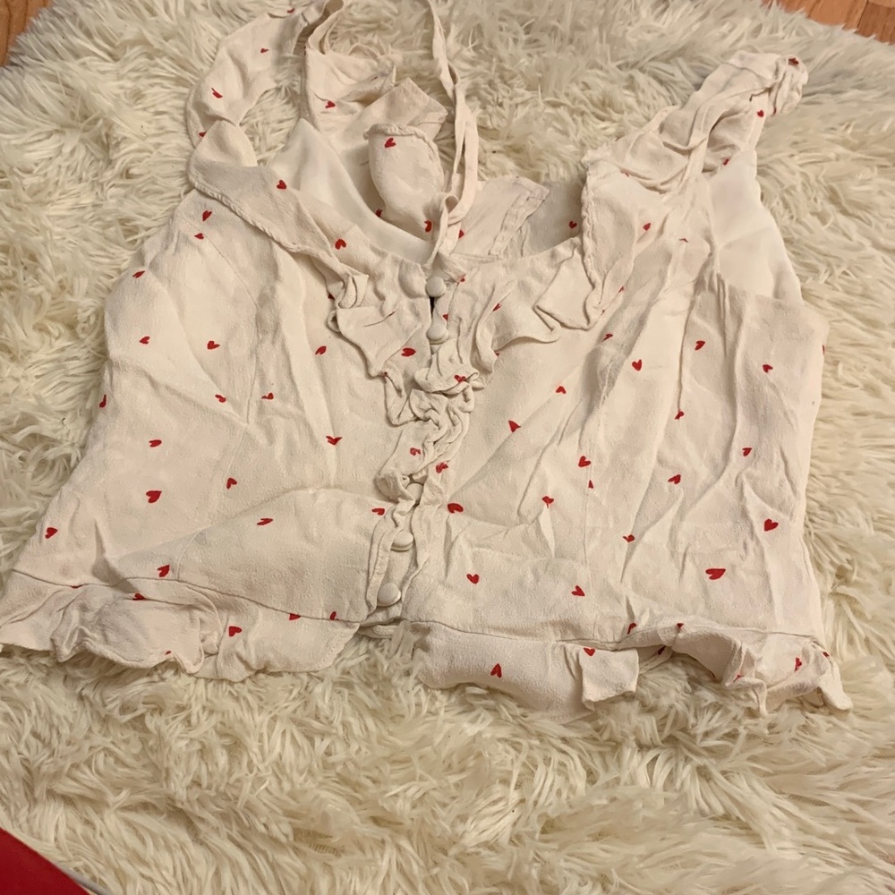 Lulu's Cream Blouse with Red Heart Accents